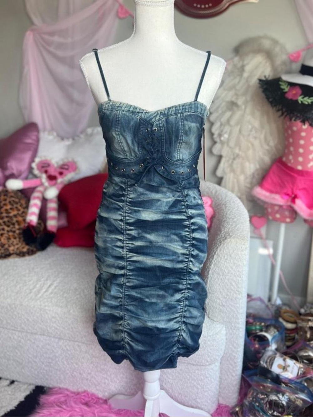 Denim Corset Ruched Mini Dress - Blue